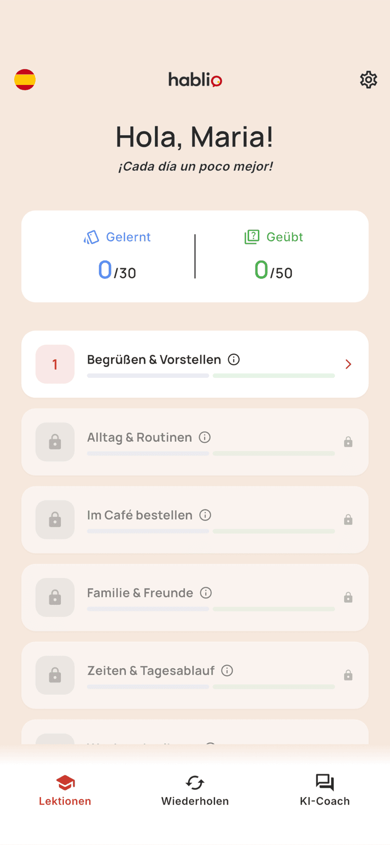 hablio Startbildschirm